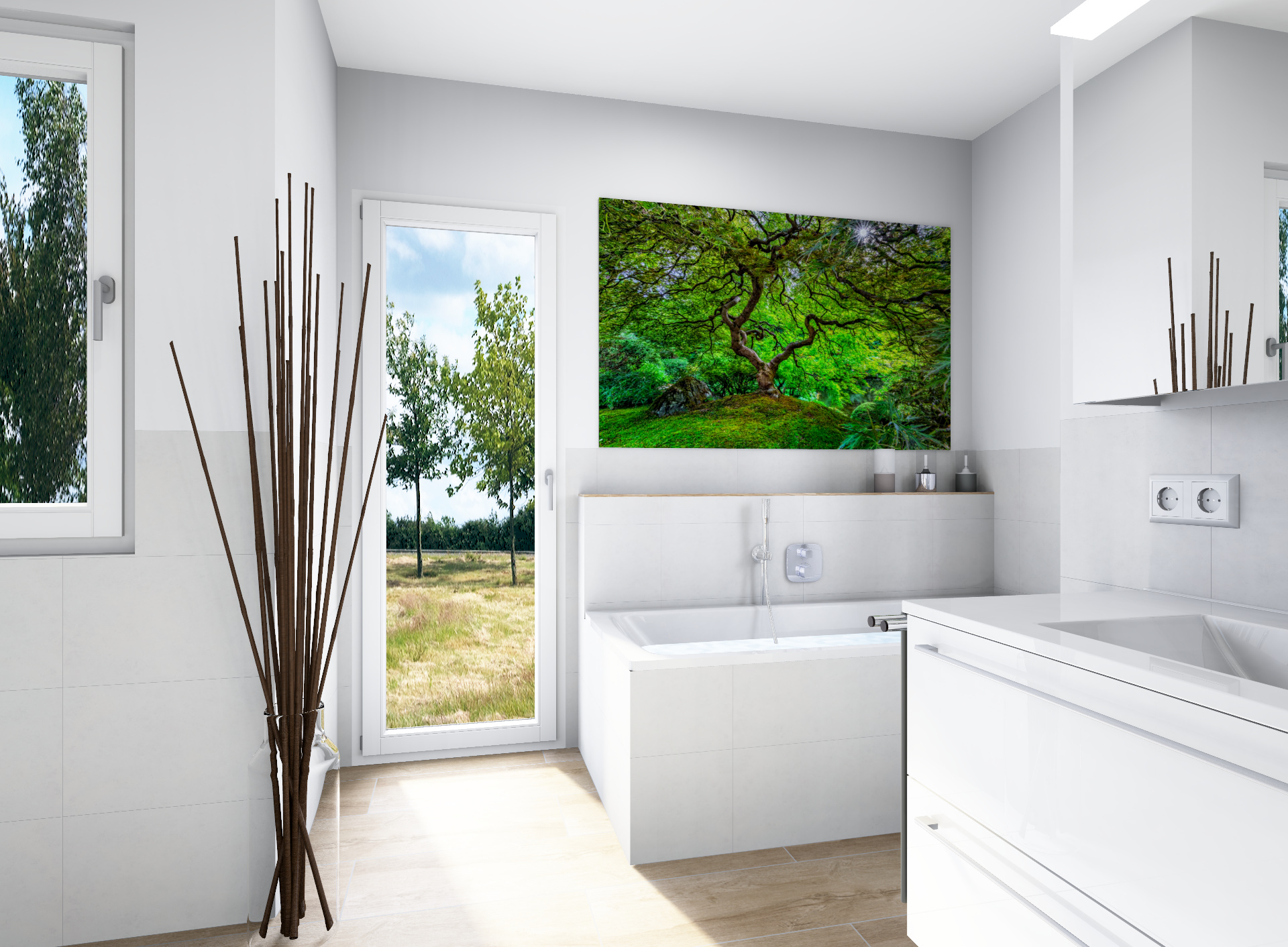 Modernes Badezimmer in Komfort Plus Ausstattung mit Badewanne und Waschtisch
