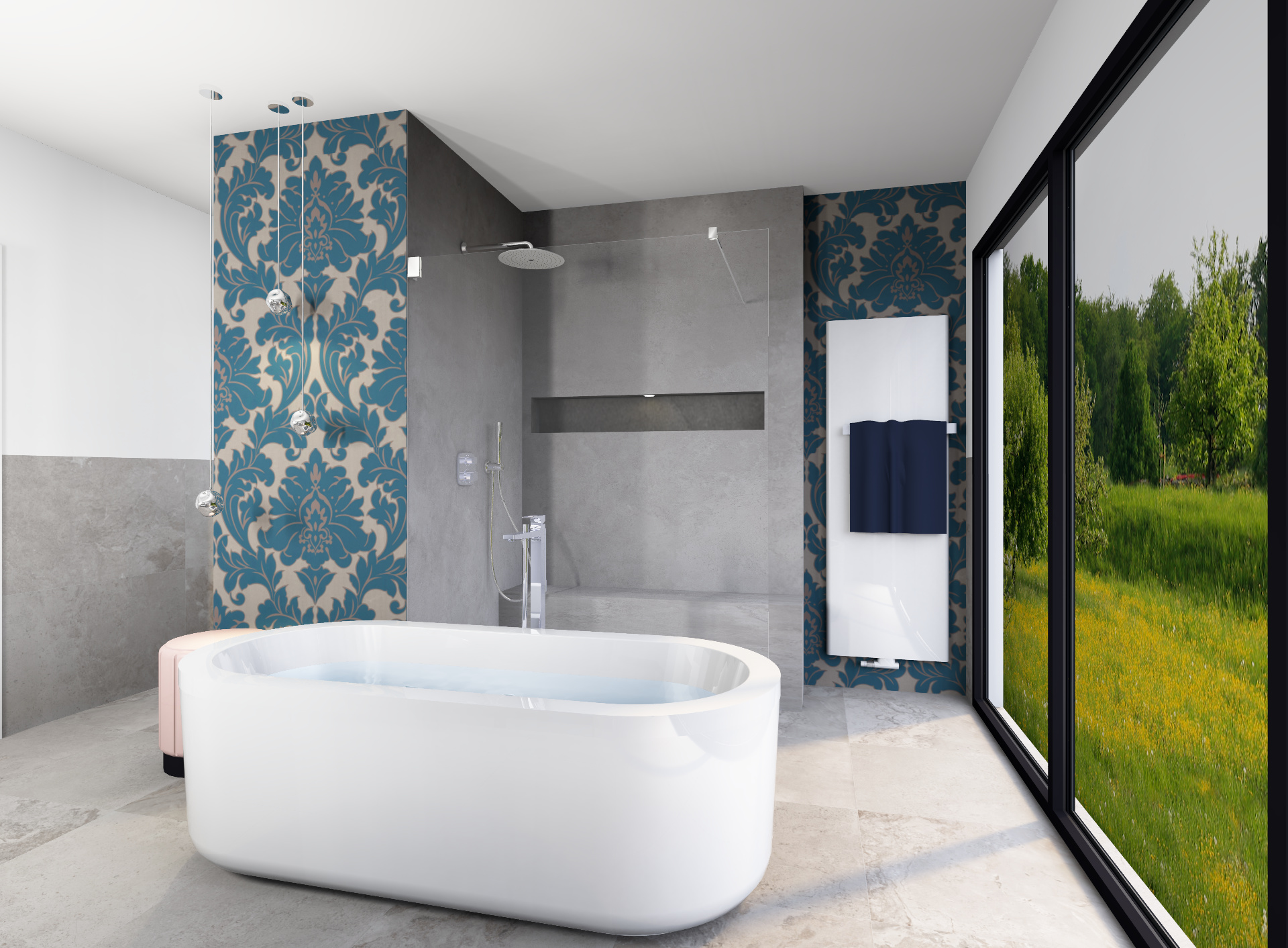 Badezimmer mit Premium Plus Ausstattung wie großer Badewanne und moderner Dusche