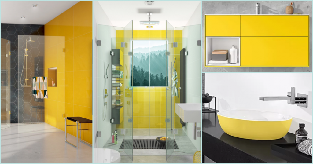 Collage mehrere Badezimmer in gelb und grau