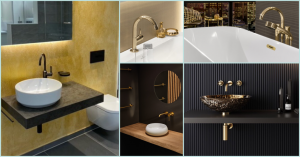 Collage mehrere Badezimmer mit Details in luxuriösen Gold