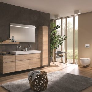 Abbildung Badezimmer in neutralem Braun mit WC und Waschtisch
