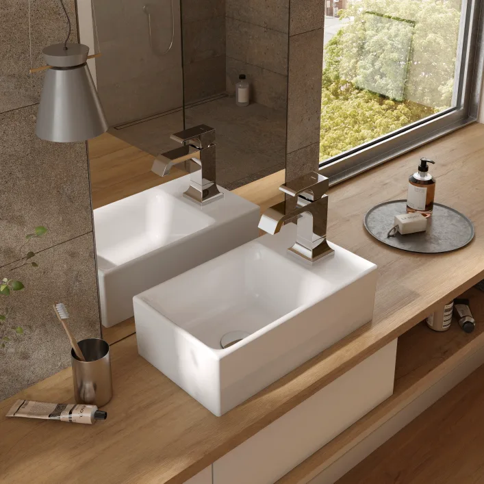 Gäste WC Waschbecken auf Holzoptik Waschtisch