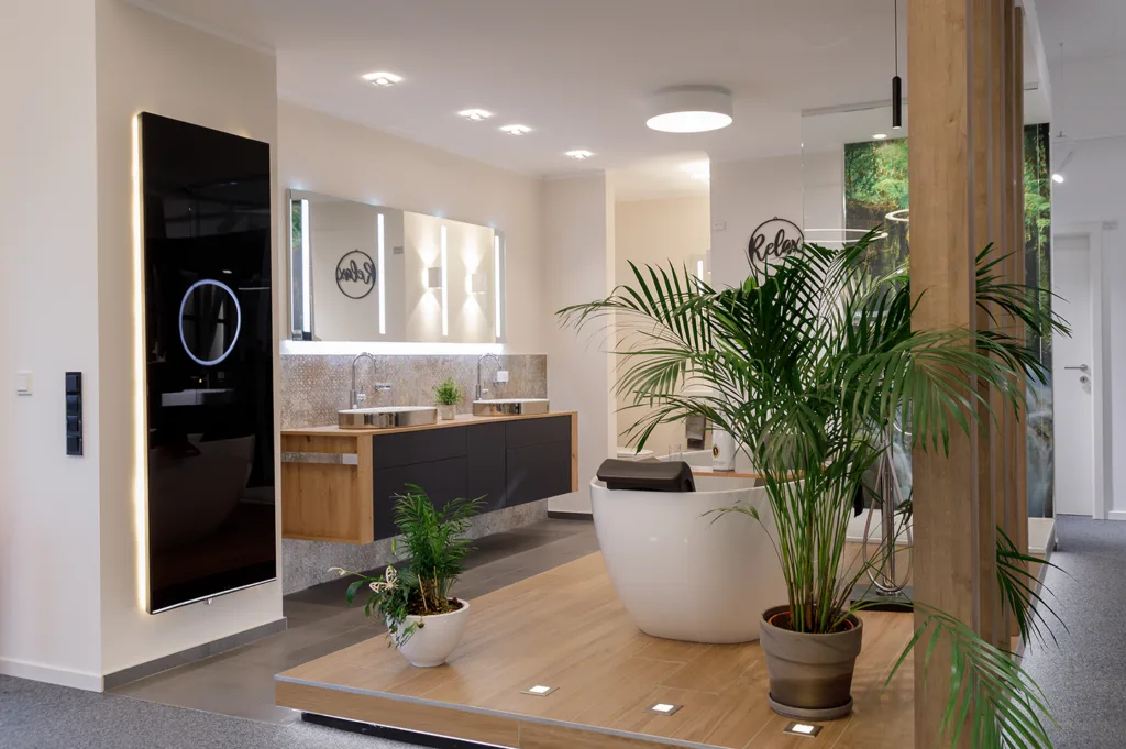 Luxuriöses helles Badezimmer mit Holzwaschtisch und schwarzen Fronten, LED Spiegel, freistehender Badewanne auf Holzpodest und Palme.