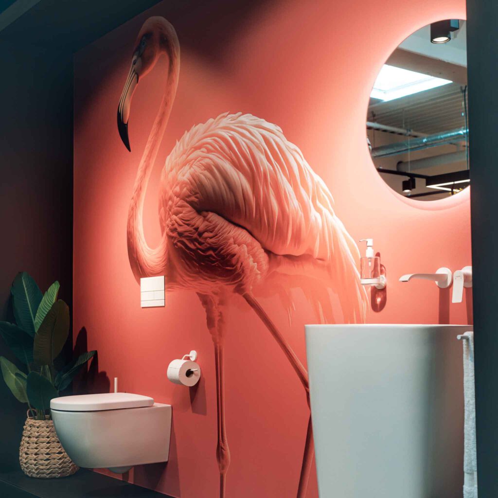 Modernes Badezimmer mit auffälliger Flamingotapete, davor ein weißes WC, ein passendes Sockelwaschbecken mit weißer Armatur und beleuchtetem runden Spiegel.