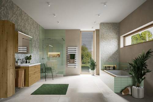Modernes Badezimmer mit grünen Fliesen, freistehender Badewanne, Holzbadmöbeln und großer Dusche – concept 200 Serie im natürlichen Designstil.