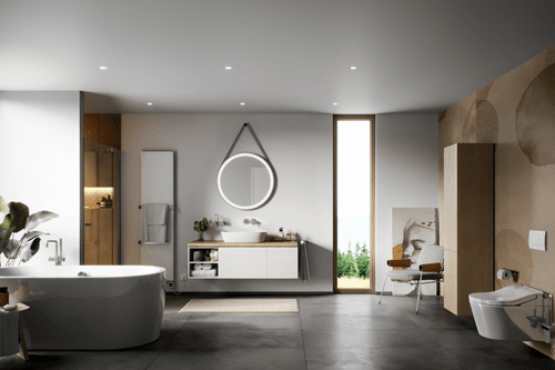Großzügiges Komplettbad mit freistehender Badewanne, WC, LED-Spiegel, Dusche und Holz-Elementen – concept 300 Serie mit wohnlichem Luxusambiente.