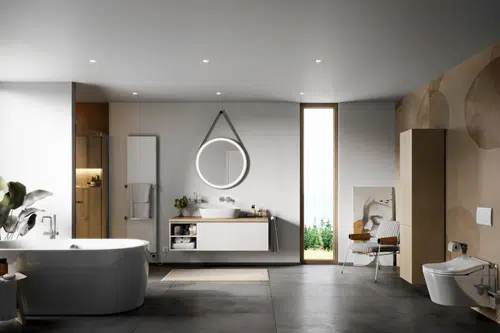 Großzügiges Komplettbad mit freistehender Badewanne, WC, LED-Spiegel, Dusche und Holz-Elementen – concept 300 Serie mit wohnlichem Luxusambiente.